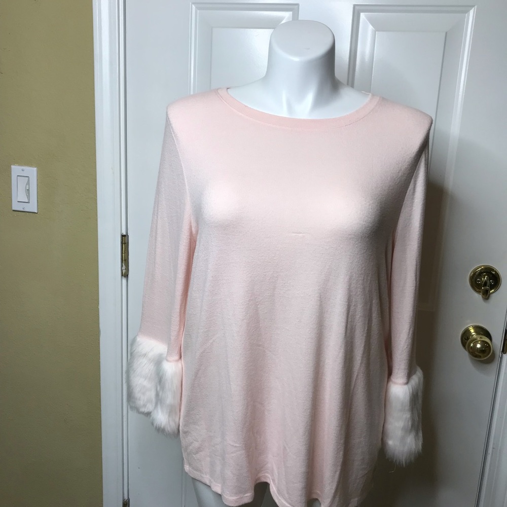 Pale Pink Sweater with Faux Fur Cuffs